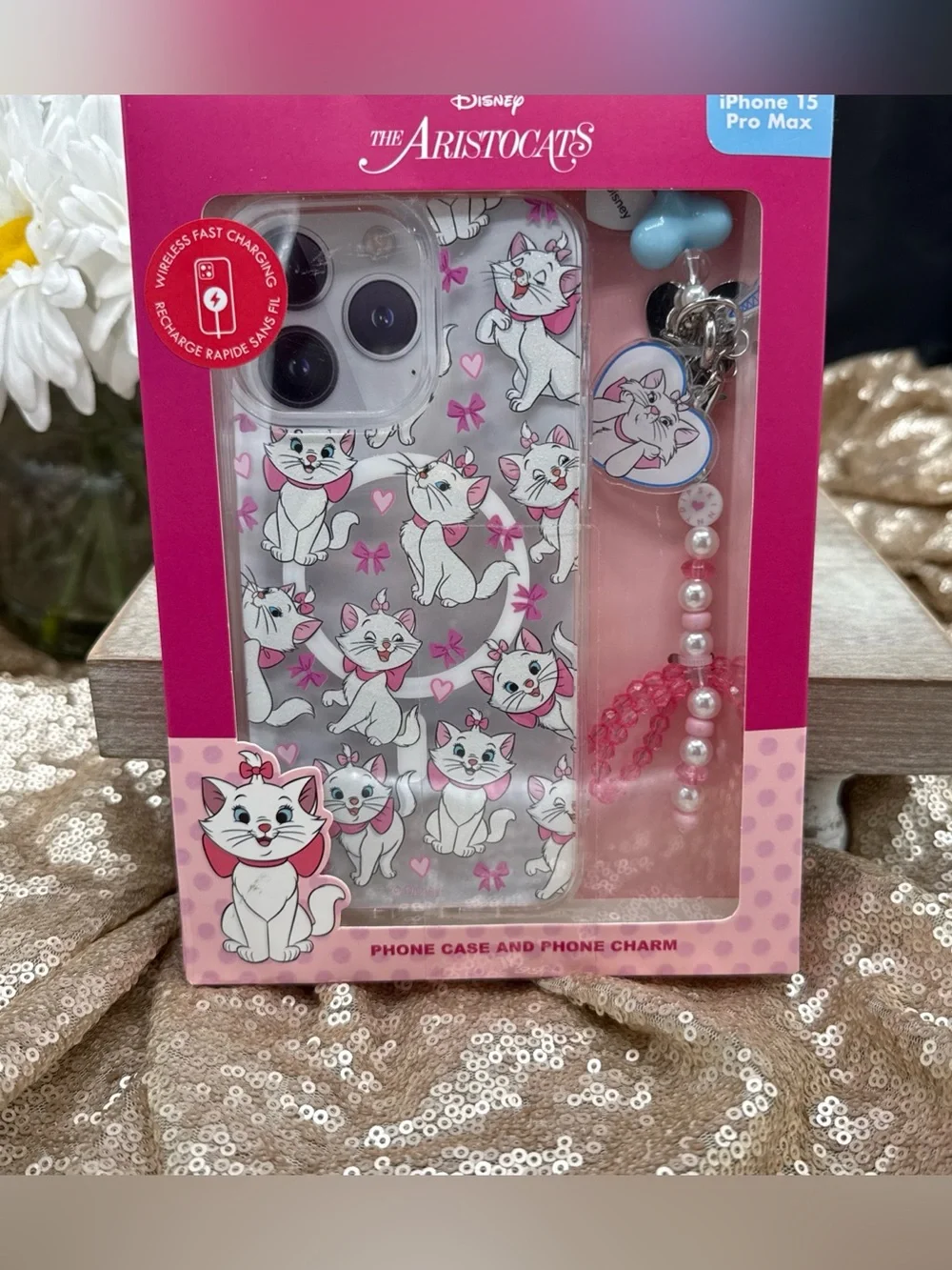New Disney Aristocats Marie iPhone 15 Pro Max Case With Bow Charm Glitter Pink